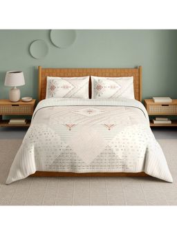 SPACES - Aztec 210 Tc Hypro Cotton Ethnic Design King Bedsheet with 2 Pillow Covers - White