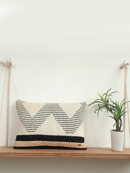 PLUCHI - Diamond Check Cotton Knitted Natural & Black Color 12 X 20 Inches Decorative Cushion Cover