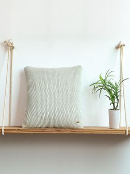PLUCHI - Mint Cream & Silver Green Cotton Knitted 16 X 16 Inches Decorative Cushion Cover