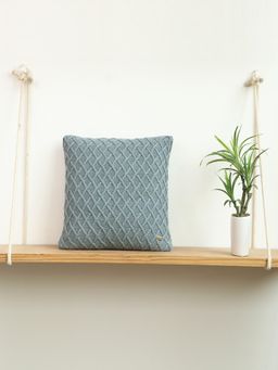 PLUCHI - Crest Blue Grey Cotton Knitted 16 X 16 Inches Decorative Cushion Cover