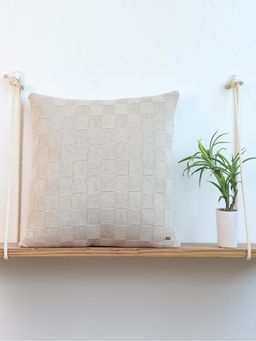 PLUCHI - Square Check Cotton Knitted Beige Color 24 X 24 Inches Decorative Cushion Cover