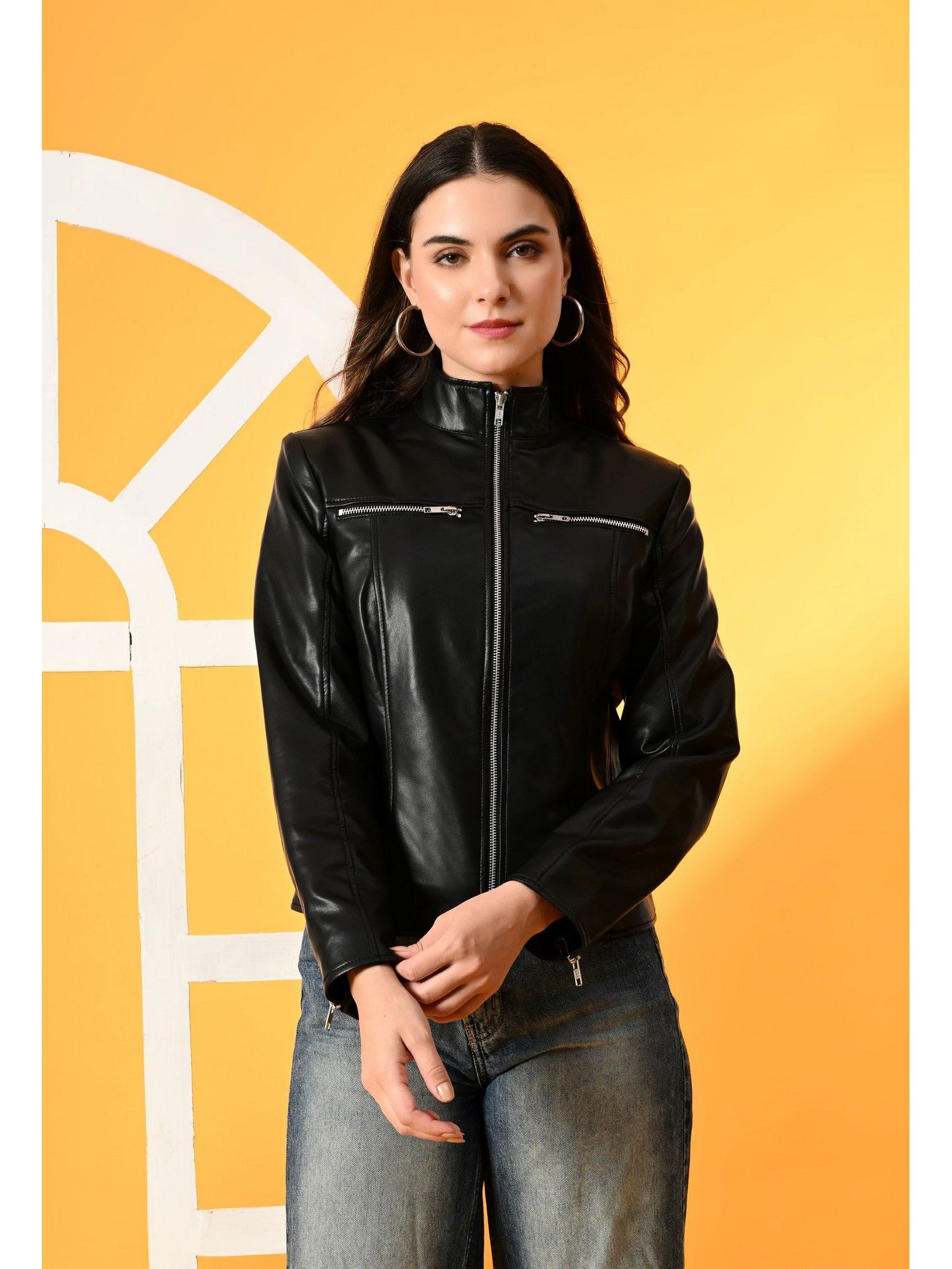 tboj Black Women Solid Turtle Neck Leather Jacket-picture-22