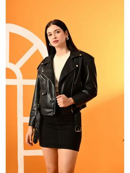 TBOJ - Black Women Solid Notched Lapel Leather Jacket