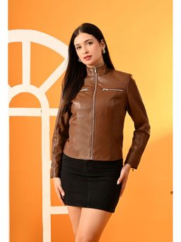 TBOJ - Tan Women Solid Leather Jacket