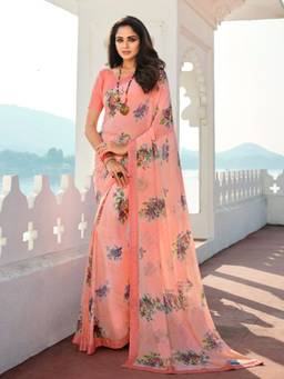 VAIRAGEE - Peach Weightless Georgette Printed Saree & Mono Banglory with Unstitched Blouse