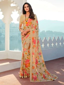 VAIRAGEE - Beige Weightless Georgette Printed Saree & Mono Banglory with Unstitched Blouse