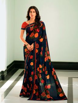 VAIRAGEE - Navy Blue Soft Georgette Printed Saree & Mono Banglory with Unstitched Blouse