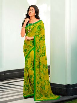 VAIRAGEE - Green Soft Georgette Floral Printed Saree & Mono Banglory with Unstitched Blouse