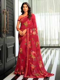 VAIRAGEE - Red Soft Georgette Floral Printed Saree & Mono Banglory with Unstitched Blouse