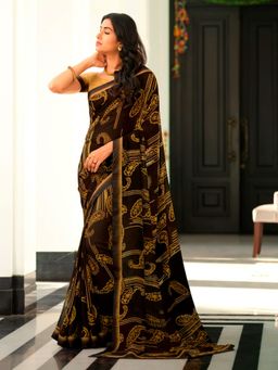 VAIRAGEE - Brown Soft Georgette Floral Printed Saree & Mono Banglory with Unstitched Blouse
