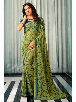 VAIRAGEE - Green Soft Georgette Floral Printed Saree & Mono Banglory with Unstitched Blouse