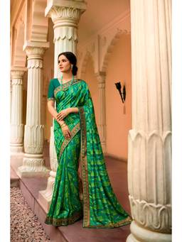 VAIRAGEE - Teal Soft Moss Silk Printed Saree & Mono Banglory with Unstitched Blouse