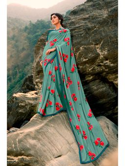 VAIRAGEE - Green Soft Georgette Printed Saree & Mono Banglory with Unstitched Blouse
