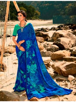 VAIRAGEE - Blue Soft Georgette Printed Saree & Mono Banglory with Unstitched Blouse