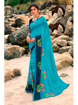 VAIRAGEE - Teal Soft Georgette Printed Saree & Mono Banglory with Unstitched Blouse
