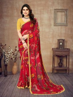 VAIRAGEE - Red Soft Georgette Printed Saree & Mono Banglory with Unstitched Blouse