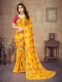 VAIRAGEE - Yellow Soft Georgette Printed Saree & Mono Banglory with Unstitched Blouse