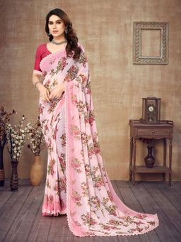 VAIRAGEE - Pink Soft Georgette Printed Saree & Mono Banglory with Unstitched Blouse