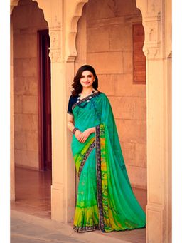 VAIRAGEE - Green Soft Georgette Printed Saree & Mono Banglory with Unstitched Blouse