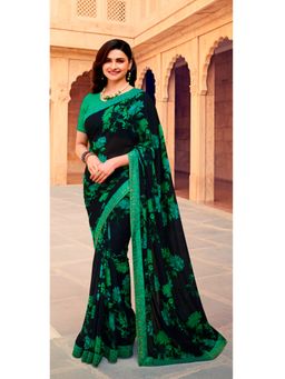 VAIRAGEE - Navy Blue Soft Georgette Printed Saree & Mono Banglory with Unstitched Blouse