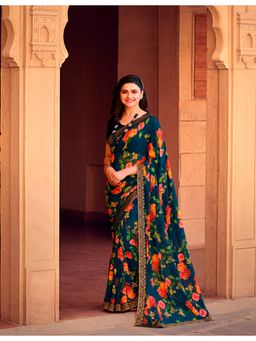 VAIRAGEE - Navy Blue Soft Georgette Printed Saree & Mono Banglory with Unstitched Blouse