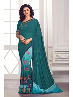 VAIRAGEE - Teal Soft Georgette Printed Saree & Mono Banglory with Unstitched Blouse