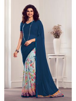 VAIRAGEE - Navy Blue Soft Georgette Printed Saree & Mono Banglory with Unstitched Blouse