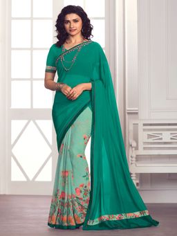 VAIRAGEE - Green Soft Georgette Printed Saree & Mono Banglory with Unstitched Blouse