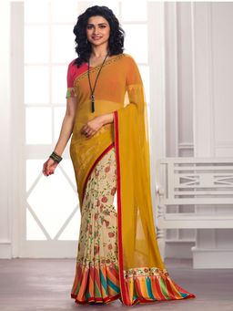VAIRAGEE - Yellow Soft Georgette Printed Saree & Mono Banglory with Unstitched Blouse