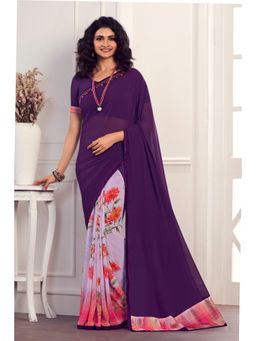 VAIRAGEE - Purple Soft Georgette Printed Saree & Mono Banglory with Unstitched Blouse