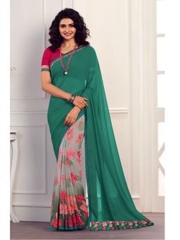 VAIRAGEE - Green Soft Georgette Printed Saree & Mono Banglory with Unstitched Blouse