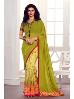 VAIRAGEE - Olive Soft Georgette Printed Saree & Mono Banglory with Unstitched Blouse