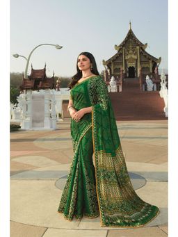 VAIRAGEE - Green Moss Chiffon Printed Saree & Mono Banglory with Unstitched Blouse