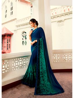 VAIRAGEE - Navy Blue Soft Georgette Printed Saree & Mono Banglory with Unstitched Blouse