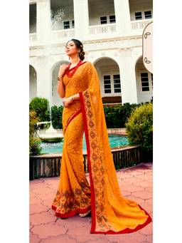 VAIRAGEE - Yellow Soft Georgette Printed Saree & Mono Banglory with Unstitched Blouse