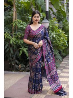 VAIRAGEE - Navy Blue Soft Silk Printed Saree with Unstitched Blouse