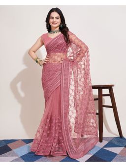 VAIRAGEE - Peach Soft Net Embroidery Saree & Mono Banglory with Unstitched Blouse