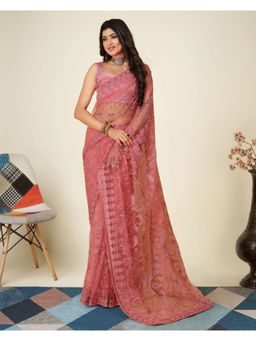 VAIRAGEE - Peach Soft Chiffon Embroidery Saree & Mono Banglory with Unstitched Blouse