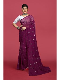 VAIRAGEE - Wine Soft Georgette Sequence Saree & Mono Banlory with Unstitched Blouse