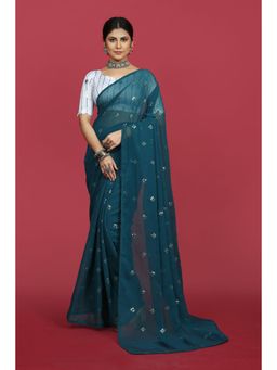 VAIRAGEE - Teal Soft Georgette Sequence Saree & Mono Banlory with Unstitched Blouse