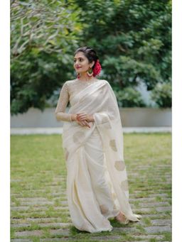VAIRAGEE - Off White Soft Linen Saree & Mono Banglory with Unstitched Blouse