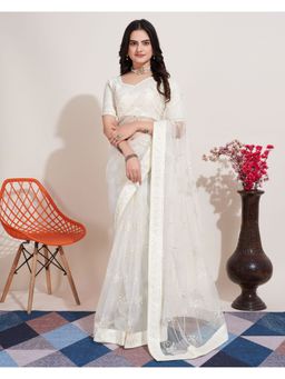 VAIRAGEE - White Soft Net Embroidery Saree & Mono Banglory with Unstitched Blouse