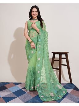 VAIRAGEE - Olive Soft Net Embroidery Saree & Mono Banglory with Unstitched Blouse
