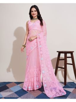 VAIRAGEE - Pink Soft Net Embroidery Saree & Mono Banglory with Unstitched Blouse