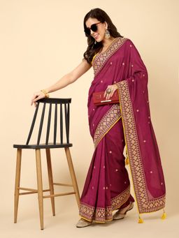 VAIRAGEE - Wine Womens Silk Saree with Unstitched Blouse