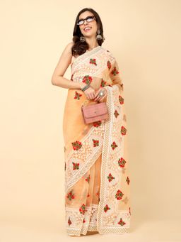 VAIRAGEE - Peach Women Embroidered Saree with Unstitched Blouse