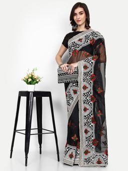 VAIRAGEE - Black Women Embroidered Saree with Unstitched Blouse