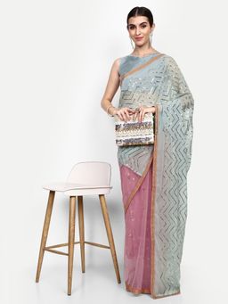 VAIRAGEE - Olive Georgette Sequence Saree with Unstitched Blouse