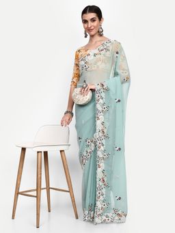VAIRAGEE - Blue Womens Georgette Saree with Unstitched Blouse