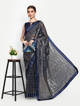 VAIRAGEE - Navy Blue Womens Georgette Saree with Unstitched Blouse